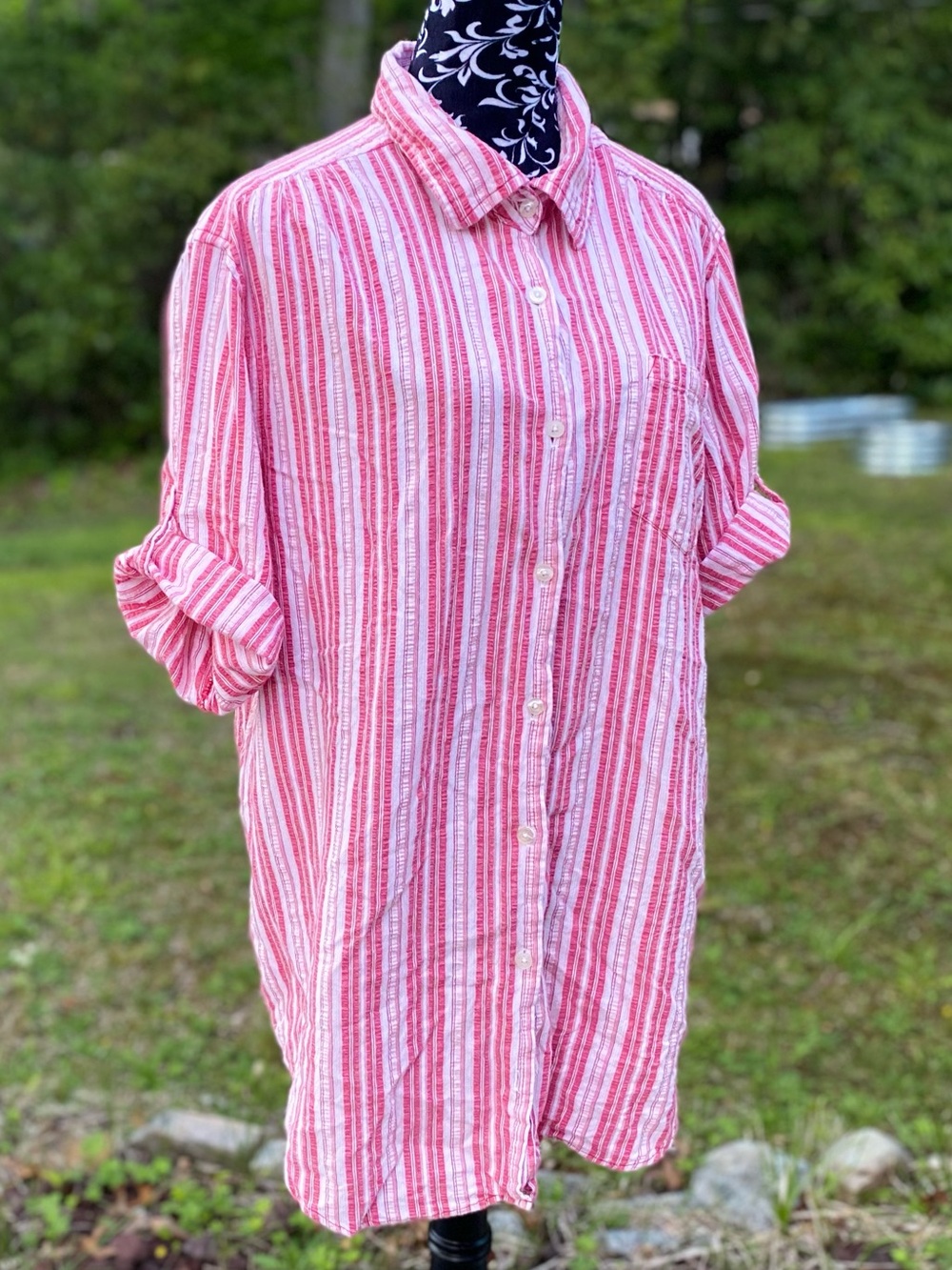 Woman Within Pink & White Striped Button Up Oversized Shirt Size 1X - Picture 12 of 12